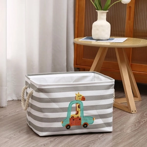 Striped canvas toy storage basket with giraffe embroidery and cotton rope handles
