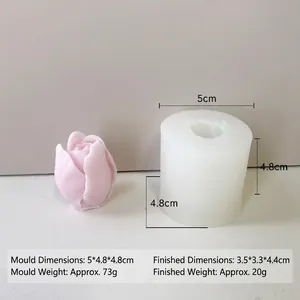 Detailed view of tulip silicone mold and finished pink floral candle with dimensions