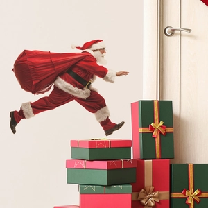 Sticker mural Père Noël courant sur des cadeaux pour une décoration de Noël créative