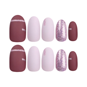 Short round press-on nails featuring matte wine red and pink glitter finish set