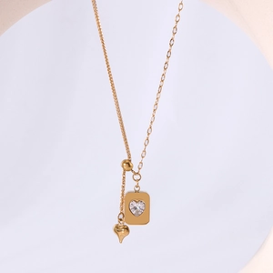 Gold plated stainless steel necklace with square pendant and heart shaped zircon stone