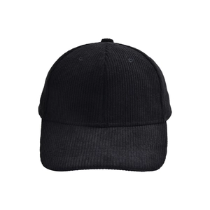 Close-up of black corduroy fabric texture and stitching detail on a baseball cap