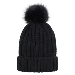 Detail of black knit beanie featuring a large faux fur pompom and thick ribbed texture