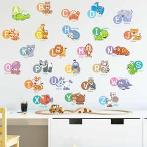 Colorful A-Z cartoon animal alphabet wall decals for preschool children room decor