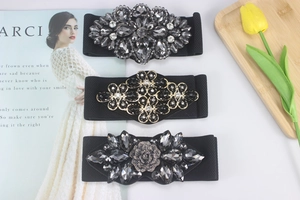 Crystal rhinestone elastic wide waist belt for women, stylish dress decorative accessory piece.