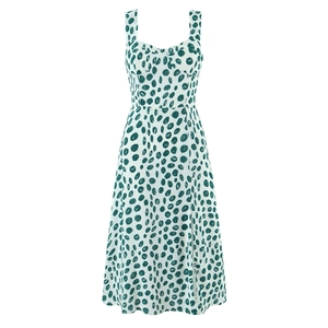 Women Polka Dot Print Midi Dress Sleeveless Square Neck Smocked Back Side Slit High Waist Summer Casual Sexy Polyester