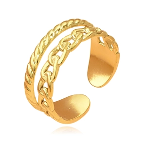 Adjustable golden double layer ring with twist rope and cuban link chain design