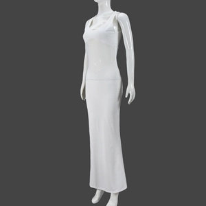 Detail of sheer mesh panel on a white sleeveless V-neck bodycon maxi dress for women
