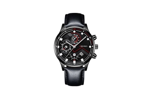 Detail view of the black multifunctional dial with date window and red accents on quartz watch