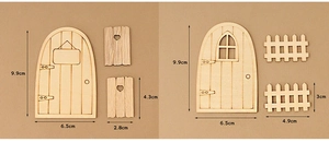 Miniature wooden Christmas door and fence set with size labels for DIY crafts