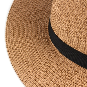 Breathable khaki straw hat for men with black ribbon trim and fine woven texture