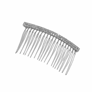 Detail of silver alloy wedding hair comb featuring dual rows of sparkling white rhinestones