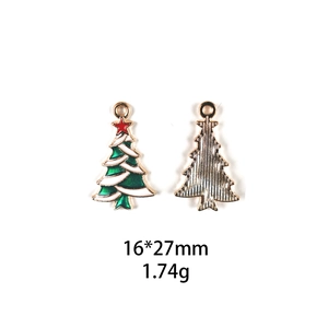 Detail of enamel Christmas tree charm with 16x27mm size specs and metal back view
