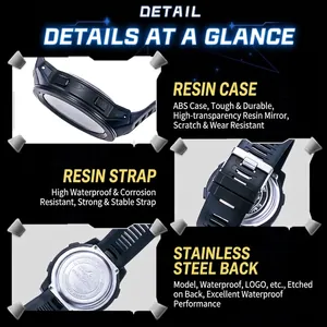 Digital sport watch featuring resin strap, stainless steel back and waterproof ABS casing