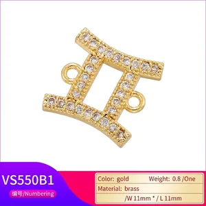 Gold brass Gemini constellation connector with white zircon pave and double loops