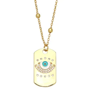 Collier à pendentif rectangle œil protecteur doré avec cristaux et émail bleu