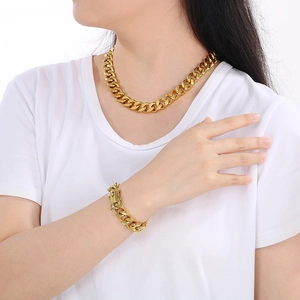Men's hip hop 18K gold plated 13mm Cuban link chain necklace and bracelet set