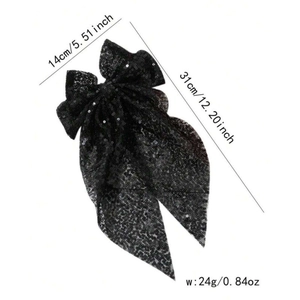 Barrette à cheveux élégante avec nœud en paillettes noires et rubans en résille
