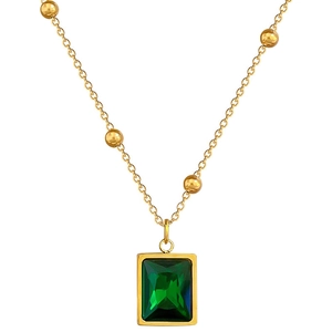 Minimalist gold titanium necklace featuring a rectangular emerald green gemstone pendant