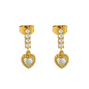 Vintage gold heart earrings with white pearls and zircon crystal for women