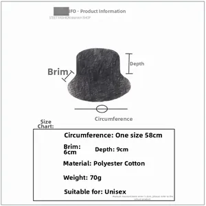Size chart for unisex reversible bucket hat showing 58cm circumference and 6cm brim depth