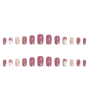24pcs Christmas press-on nails set with glitter pink finish and Santa Claus snowflake designs