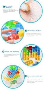 Detailed close-up of colorful 3D Tetris stacking blocks made of eco-friendly material
