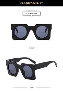 Detail view of square black sunglasses with unique inner-round lenses in positive and side angles