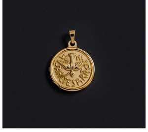 Detail of 18K gold plated coin pendant featuring a dove and Veni Sancte Spiritus text