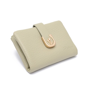 Detail of pistachio green leather wallet with rose gold tulip clasp and brand logo