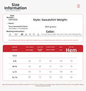 Size chart detail for loose zip-up sports hoodie with fabric weight and measurements