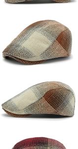 Detail of vintage herringbone and plaid newsboy caps showing wool blend fabric textures