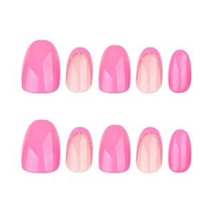 Fuchsia French press-on nails with golden glitter lines and short round glossy finish