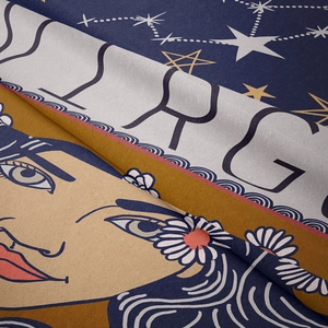 Detail showing the soft velvet texture and Virgo zodiac constellation print on the tapestry
