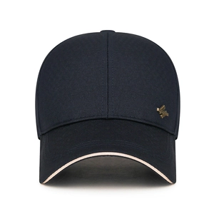 Classic navy blue business baseball cap with textured fabric and metallic logo accent