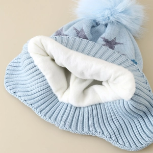 Winter kids blue knitted hat with star patterns, warm fleece lining and fluffy pompom
