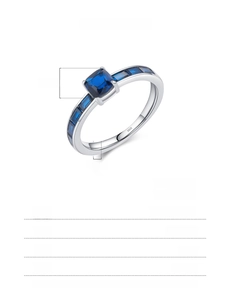 Detailansicht des S925 Sterlingsilberrings mit blauem Saphir-Zirkonia und Maßen