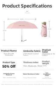 Pink flat travel umbrella specs showing 19cm folded length and 210T black glue coating
