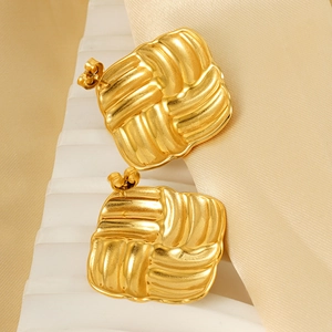 18k gold plated stainless steel square stud earrings with textured woven pattern