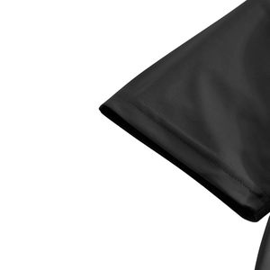 Detail shot of black mesh polo shirt sleeve featuring breathable fabric and durable stitching