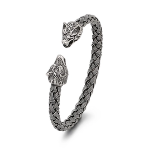 Nordic Viking wolf head bangle in antique silver finish with braided texture design