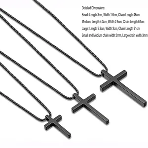 Three sizes of black titanium steel cross pendant necklaces with chain length details