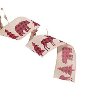Rustic burlap Christmas ribbon featuring red black plaid elk and pine tree patterns