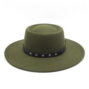Detail of army green wool felt boater hat featuring a black belt with silver star rivets