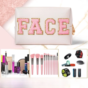 Detail of pink PU leather makeup bag with chenille FACE letters and gold zipper
