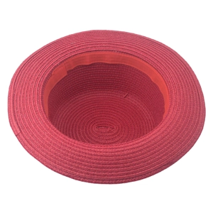 Detailed top view of a dark red woven straw hat showing internal lining and brim texture