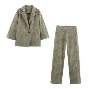 Hollow Out Floral Embroidery Blazer And Straight Leg Pants Cotton Blend Sage Green Elegant Streetwear For Women