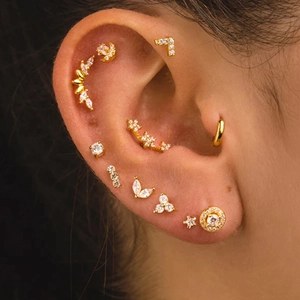 Macro shot of gold S925 silver stud earrings set with zircon butterfly and stars