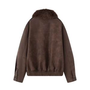 Detail of brown PU jacket featuring a detachable dark faux fur collar and matte texture