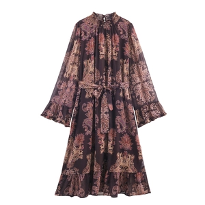 Paisley Print Chiffon Bohemian Maxi Dress Long Flare Sleeve Ruffle Stand Collar High Waist Tie Belt Elegant Retro Women